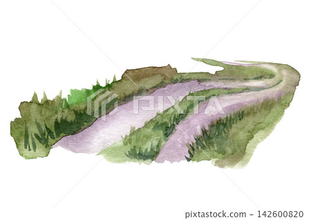 Watercolor countryside landscape clipart featuring a winding rural path through green meadows and soft vegetation. Hand-painted nature element for maps, travel designs, storytelling, stationery and Watercolor countryside landscape clipart featuring a winding rural path through green meadows and soft vegetation. Hand-painted nature element for maps, travel designs, storytelling, stationery and 142600820