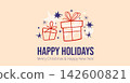 Happy Holidays Christmas greeting card with hand drawn gift boxes and festive stars. Simple Naive style vector illustration of gift boxes with bows, decorative stars and sparkles. 142600821