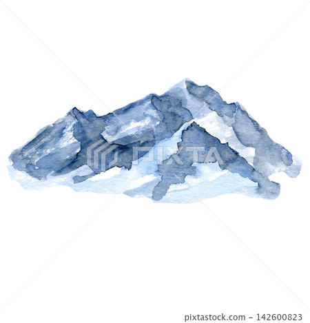 Hand drawn watercolor illustration of majestic blue snowy mountains. Artistic alpine mountain peak artwork suitable for travel design, posters, cards, outdoor branding, prints, and decorative projects Hand drawn watercolor illustration of majestic blue snowy mountains. Artistic alpine mountain peak artwork suitable for travel design, posters, cards, outdoor branding, prints, and decorative projects 142600823
