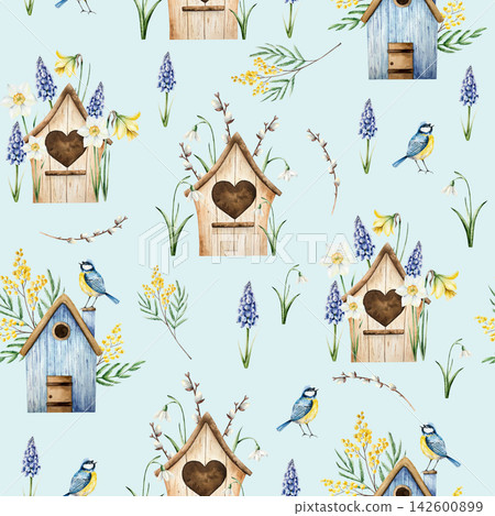 Birdhouse seamless pattern. Spring mimosa, muscari, daffodil flowers. Watercolor Eurasian blue tit perche, easter illustration isolated on background, transparent png. Vintage clip art. For greeting c Birdhouse seamless pattern. Spring mimosa, muscari, daffodil flowers. Watercolor Eurasian blue tit perche, easter illustration isolated on background, transparent png. Vintage clip art. For greeting c 142600899