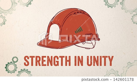 Red construction hard hat with gear icons and unity slogan on paper Red construction hard hat with gear icons and unity slogan on paper 142601178