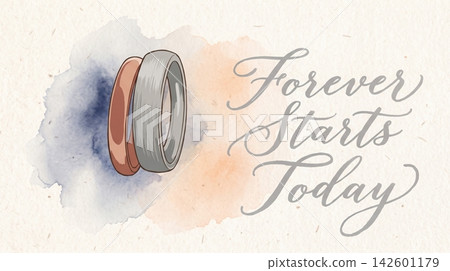 Two wedding rings with decorative text on watercolor background Two wedding rings with decorative text on watercolor background 142601179