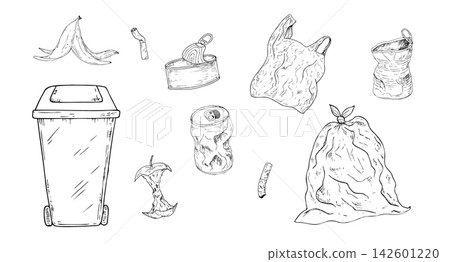 Vector garbage and waste icon set with trash bin on wheels. Minimalist hand drawn graphic line art collection for recycling infographic. Clean environmental conservation concept with plastic bag, can  142601220
