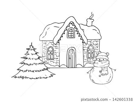 Vector cozy winter house layout with cute snowman and Christmas tree. Minimalist hand drawn graphic line art card for New Year holidays. Doodle winter village character elements isolated on white for Vector cozy winter house layout with cute snowman and Christmas tree. Minimalist hand drawn graphic line art card for New Year holidays. Doodle winter village character elements isolated on white for 142601338