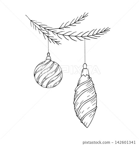 Vector Christmas baubles hanging on pine branch. Hand drawn minimalist holiday line art ornament isolated on white background. Doodle spruce branch illustration with icicle and sphere elements for wi Vector Christmas baubles hanging on pine branch. Hand drawn minimalist holiday line art ornament isolated on white background. Doodle spruce branch illustration with icicle and sphere elements for wi 142601341