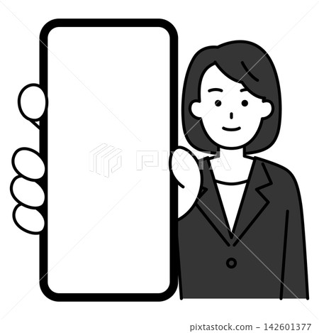 一位身穿黑色西裝的女士正在放大她的智慧型手機螢幕。 一位身穿黑色西裝的女士正在放大她的智慧型手機螢幕。 142601377