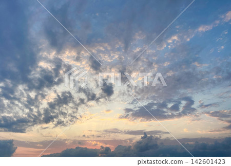 Sunset sky nature background. Summer sunrise with colorful cloud and sun evening landscape 142601423