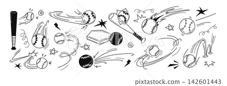 Hand drawn sketch doodle baseball and sport balls motion with trajectory bounce Hand drawn sketch doodle baseball and sport balls motion with trajectory bounce 142601443