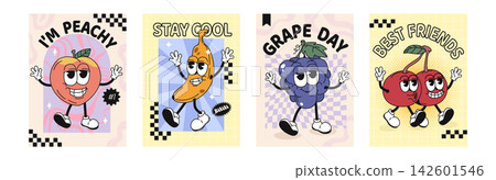 Set of posters with cartoon groovy fruits with expressive faces in retro style 142601546