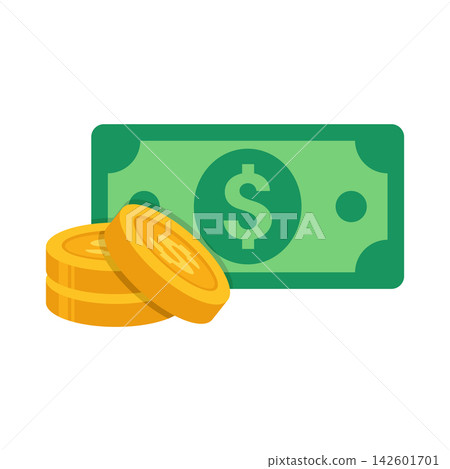 Flat Dollar Bills and Gold Coins Vector Illustration Flat Dollar Bills and Gold Coins Vector Illustration 142601701