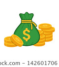 Green Money Bag with Gold Coins Vector Illustration 142601706