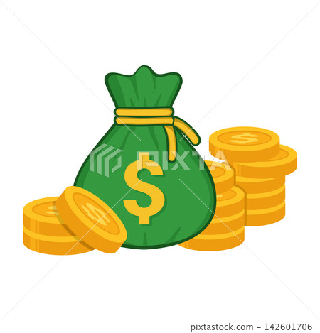 Green Money Bag with Gold Coins Vector Illustration Green Money Bag with Gold Coins Vector Illustration 142601706