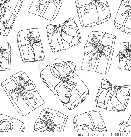 Merry Christmas Happy New Year seamless pattern. Vector illustration doodles, thin line art sketch icons style concept. Hand drawing Christmas ornament. Christmas presents, gift boxes Merry Christmas Happy New Year seamless pattern. Vector illustration doodles, thin line art sketch icons style concept. Hand drawing Christmas ornament. Christmas presents, gift boxes 142601792