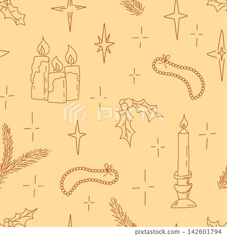 Christmas seamless pattern with candles, holly, pine branches, garlands and sparkling stars on warm yellow. Cartoon hand drawn vector illustration for wrapping paper, fabric and festive decor. Christmas seamless pattern with candles, holly, pine branches, garlands and sparkling stars on warm yellow. Cartoon hand drawn vector illustration for wrapping paper, fabric and festive decor. 142601794