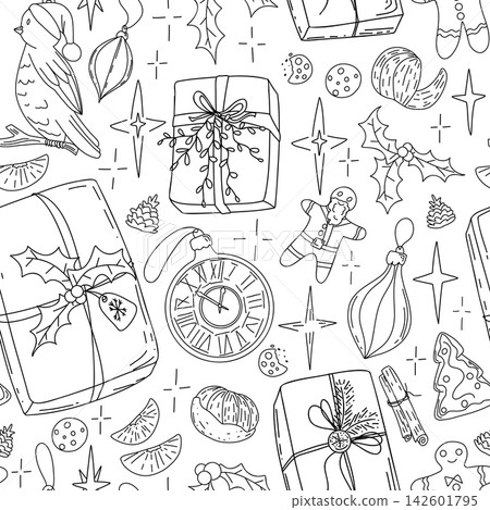 Merry Christmas Happy New Year seamless pattern. Vector illustration doodles, thin line art sketch icons style concept. Hand drawing Christmas ornament. Gingerbread man, gifts, baubles Merry Christmas Happy New Year seamless pattern. Vector illustration doodles, thin line art sketch icons style concept. Hand drawing Christmas ornament. Gingerbread man, gifts, baubles 142601795