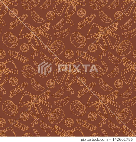 Christmas seamless pattern with dried oranges, cinnamon sticks, nuts and festive bows on brown. Cartoon hand drawn vector illustration for wrapping paper, seasonal packaging and cozy winter decor. Christmas seamless pattern with dried oranges, cinnamon sticks, nuts and festive bows on brown. Cartoon hand drawn vector illustration for wrapping paper, seasonal packaging and cozy winter decor. 142601796