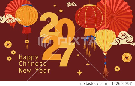 Chinese New Year 2027 festive banner with golden numbers, red lanterns, paper fans, lucky coins and clouds. Cartoon hand drawn vector illustration for Lunar New Year cards, posters and advertising. Chinese New Year 2027 festive banner with golden numbers, red lanterns, paper fans, lucky coins and clouds. Cartoon hand drawn vector illustration for Lunar New Year cards, posters and advertising. 142601797