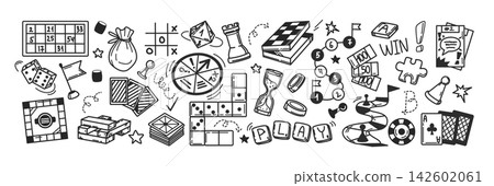 Board games doodle icons, sketch checkers, poker, puzzle and gambling symbols Board games doodle icons, sketch checkers, poker, puzzle and gambling symbols 142602061