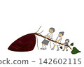 An illustration of a family harvesting a large sweet potato. 142602115