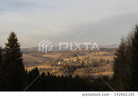 Mountain village in autumn landscape with pine trees and hills Mountain village in autumn landscape with pine trees and hills 142602185