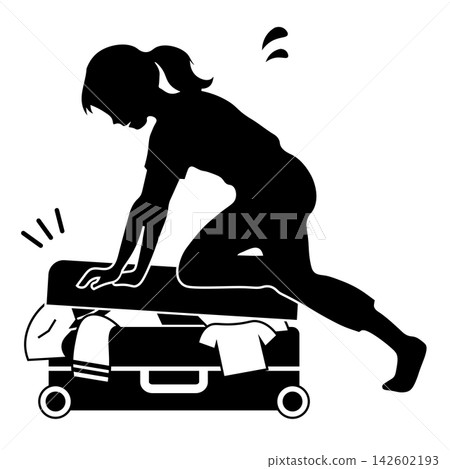 Silhouette of a woman holding down a suitcase that won't close. Silhouette of a woman holding down a suitcase that won't close. 142602193