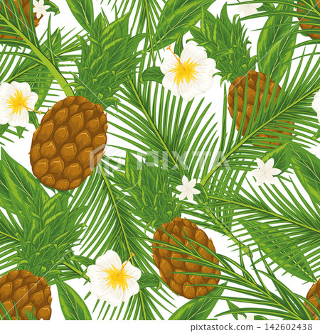 Tropical fruit, flowers, palm leaves, pineapples. Vector seamless pattern with hibiscus, plumeria, palm tree leaves. Hand drawn illustration on white background for print design Tropical fruit, flowers, palm leaves, pineapples. Vector seamless pattern with hibiscus, plumeria, palm tree leaves. Hand drawn illustration on white background for print design 142602438