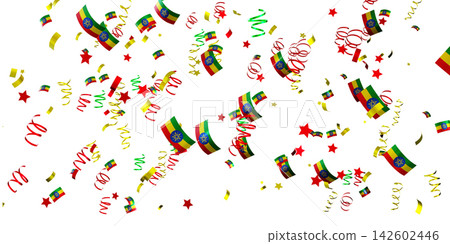 Confetti with national flags of Ethiopia falls against a clear background, creating a festive scene perfect for celebrations and events. This display features colorful designs 142602446
