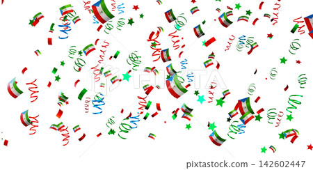 Confetti in colors representing the national flags falls against a clear background. This scene shows celebration and joy linked to Equatorial Guinea Confetti in colors representing the national flags falls against a clear background. This scene shows celebration and joy linked to Equatorial Guinea 142602447