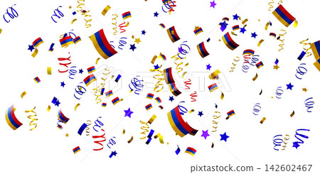 Confetti featuring national flags of Armenia floats in the air against a white background. This scene represents joy during festivities or international celebrations Confetti featuring national flags of Armenia floats in the air against a white background. This scene represents joy during festivities or international celebrations 142602467