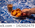 Three quarter view of hand placing a plate of famous dessert - Portuguese custard tarts by glass of meia de leite coffee on blue and white tablecloth in warm outdoor light and blurred background 142602479