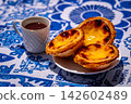 Three quarter shot of three pastel de nata custard tart on white plate and small porcelain coffee cup with geometric pattern, full of freshly-brewed espresso, on sunshine on blue and white tablecloth 142602489