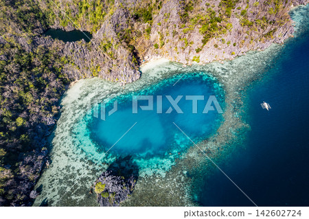 The blue sea surrounded by the reefs of Coron Island The blue sea surrounded by the reefs of Coron Island 142602724