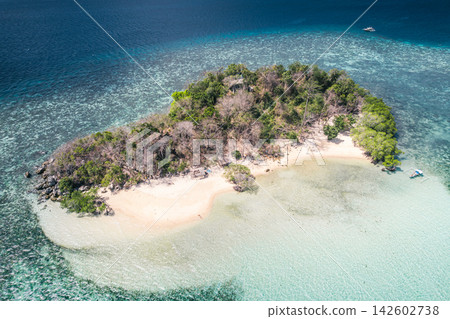 Aerial view of the beach and shallow waters of CYC Island Aerial view of the beach and shallow waters of CYC Island 142602738