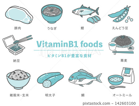 Illustration of a set of ingredients rich in vitamin B1 Illustration of a set of ingredients rich in vitamin B1 142603100