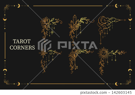 Golden tarot corner sketches form a decorative celestial collection Golden tarot corner sketches form a decorative celestial collection 142603145