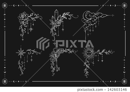 Silver tarot corner sketches adorn a mystical celestial border Silver tarot corner sketches adorn a mystical celestial border 142603146