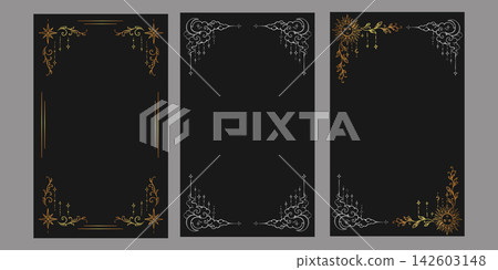Hand drawn tarot frames feature gold and silver celestial ornaments Hand drawn tarot frames feature gold and silver celestial ornaments 142603148