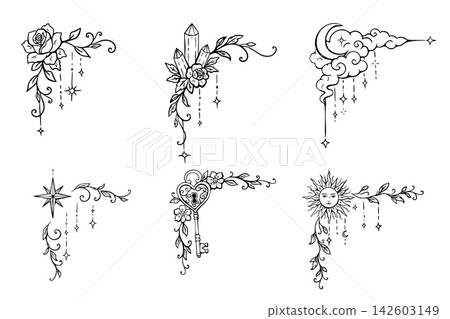 Hand drawn tarot corner ornaments feature celestial and floral sketches Hand drawn tarot corner ornaments feature celestial and floral sketches 142603149