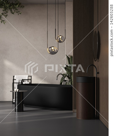 Dark Luxury Bathroom with Freestanding Bathtub and Contemporary Design Dark Luxury Bathroom with Freestanding Bathtub and Contemporary Design 142603288