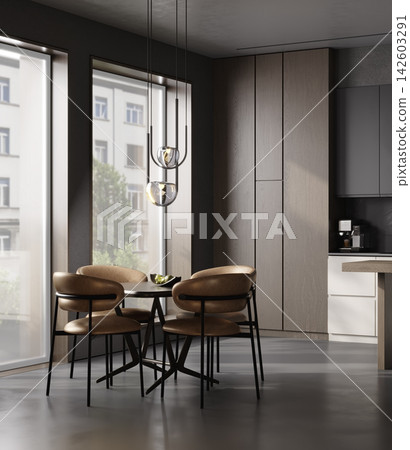 Modern Dark Kitchen with White Cabinets, Wood Island and Marble Backsplash Modern Dark Kitchen with White Cabinets, Wood Island and Marble Backsplash 142603291