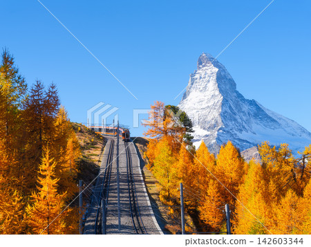 Passenger train on a railway in Zermatt, Switzerland. Autumn nature in the Alps. Passenger train on a railway in Zermatt, Switzerland. Autumn nature in the Alps. 142603344