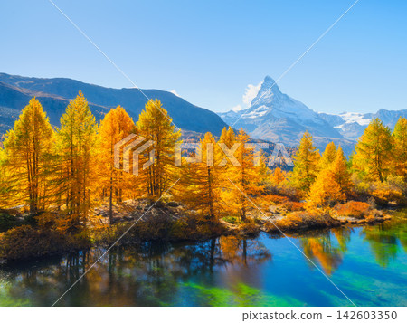 Matterhorn mountain in Switzerland reflects in a calm alpine lake. Matterhorn mountain in Switzerland reflects in a calm alpine lake. 142603350
