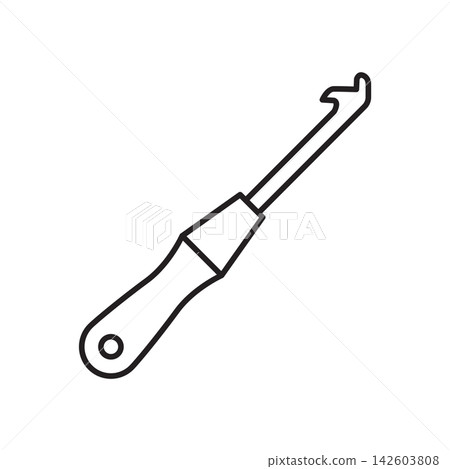 Clean line art icon of a latch hook tool with handle used for rug making and tapestry crafts. Clean line art icon of a latch hook tool with handle used for rug making and tapestry crafts. 142603808