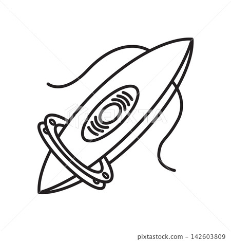 Minimalist line icon showing a tatting shuttle with thread loop used in fine lace making. 142603809