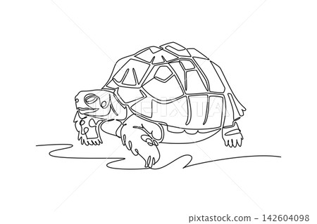 Single one line drawing animal pet tortoise with armored scute shell walking slowly on ground. Endurance, wildlife protection, reptile nature. Continuous line draw design graphic vector illustration Single one line drawing animal pet tortoise with armored scute shell walking slowly on ground. Endurance, wildlife protection, reptile nature. Continuous line draw design graphic vector illustration 142604098