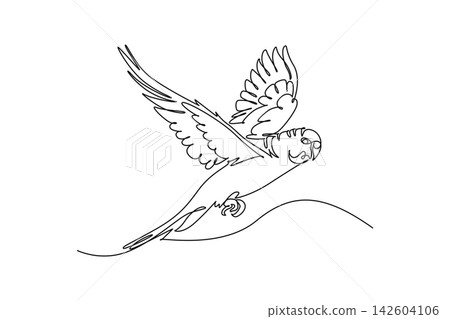 Continuous one line drawing pet parakeet parrot flying freely with open wings, capturing graceful avian flight, wildlife nature, and bird freedom. Single line draw design vector graphic illustration Continuous one line drawing pet parakeet parrot flying freely with open wings, capturing graceful avian flight, wildlife nature, and bird freedom. Single line draw design vector graphic illustration 142604106