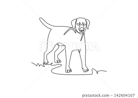 Continuous one line drawing loyal dog standing alert while facing forward with folded ears and upright tail. Canine devotion, veterinary pet care. Single line draw design vector graphic illustration Continuous one line drawing loyal dog standing alert while facing forward with folded ears and upright tail. Canine devotion, veterinary pet care. Single line draw design vector graphic illustration 142604107