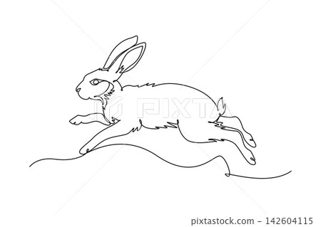 Single continuous line drawing pet rabbit hare running and leaping across the ground. Dynamic agility, speed, wildlife nature, domestic animal charm. One line draw graphic design vector illustration Single continuous line drawing pet rabbit hare running and leaping across the ground. Dynamic agility, speed, wildlife nature, domestic animal charm. One line draw graphic design vector illustration 142604115