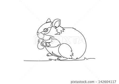 Single continuous line drawing adorable pet hamster nibbling food held in its tiny paws, capturing playful rodent behavior, charming domestic pet care. One line draw graphic design vector illustration Single continuous line drawing adorable pet hamster nibbling food held in its tiny paws, capturing playful rodent behavior, charming domestic pet care. One line draw graphic design vector illustration 142604117