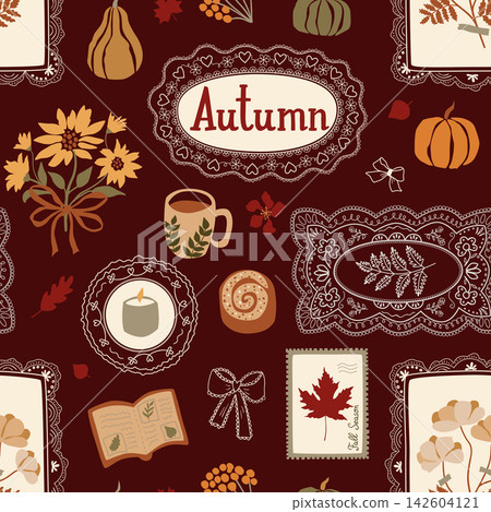 Dark autumn cottagecore seamless pattern. Vector lace doily, pumpkin harvest, flowers on repeat background. 142604121